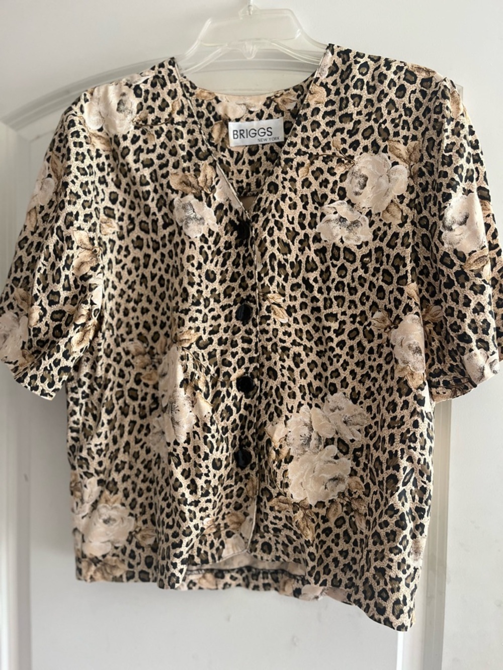 Vintage BRIGGS Leopard & Floral Button Front Blouse - Beige Black